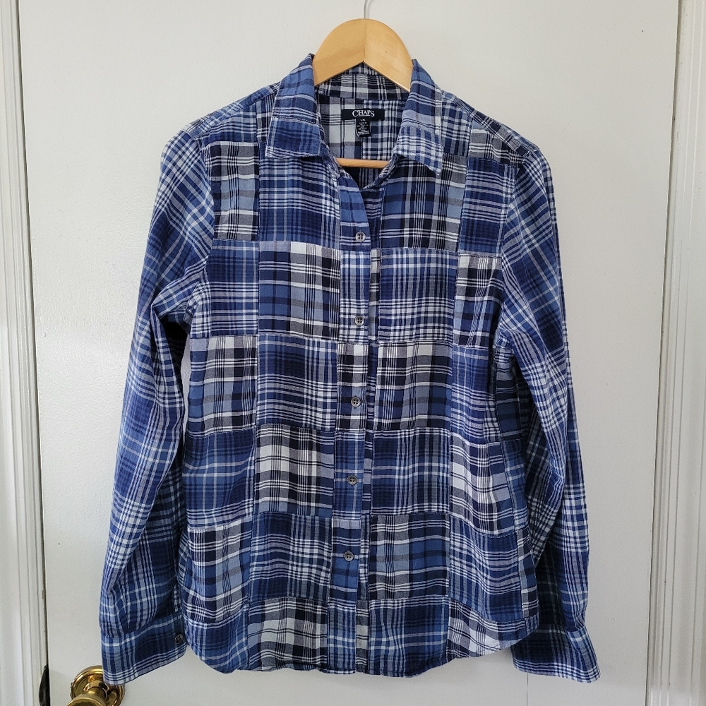 Chaps || Blue Plaid Madras Checkered Print Button Down Shirt